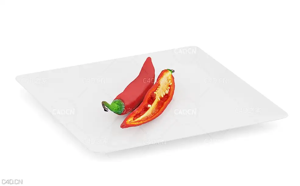 盘子里的一半红辣椒C4D模型 pepper 红辣椒 切开的辣椒 半块辣椒 尖辣椒 朝天椒