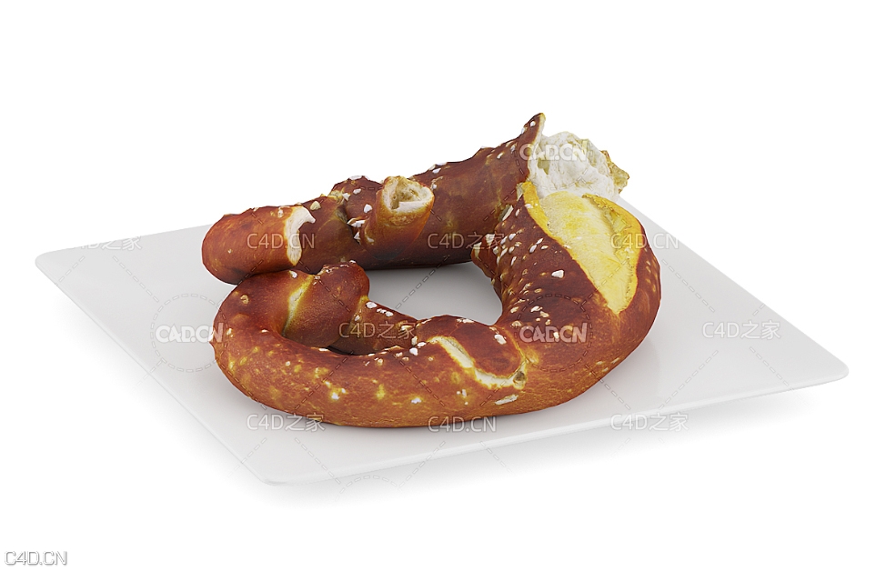 盘子里的两半块椒盐卷饼C4D模型 pretzel
