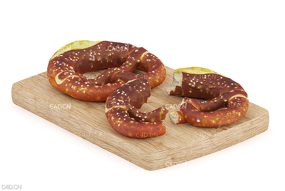 木板上的椒盐卷饼C4D模型 Pretzels on Wooden Board