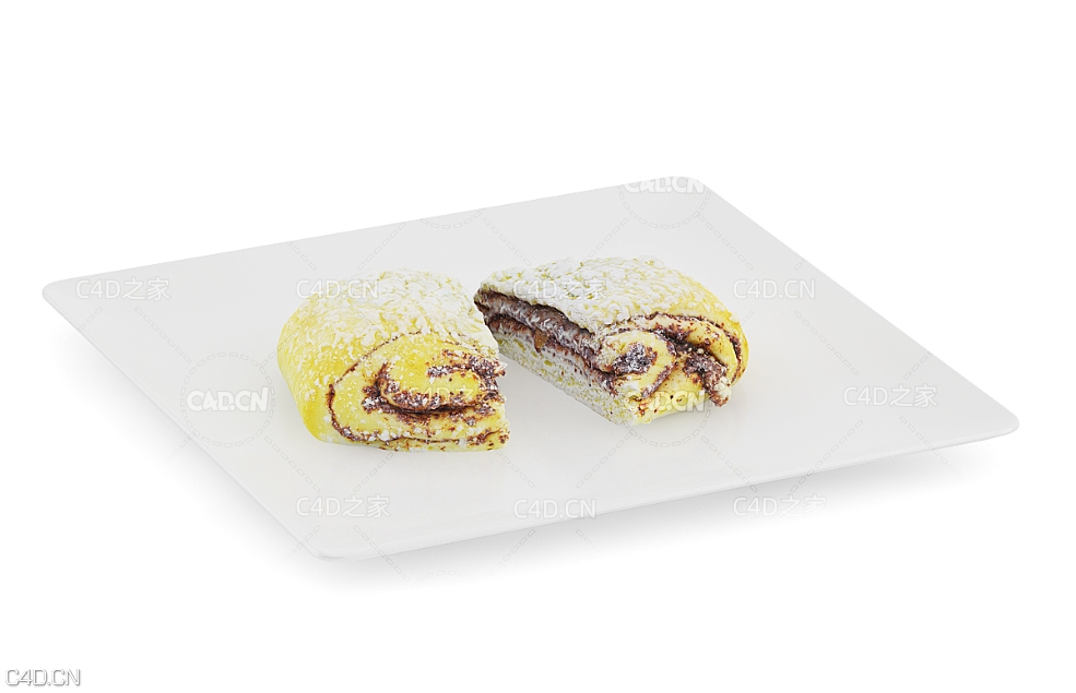 盘子里的两半面包卷C4D模型 Halved Sweet Bun on White Plate