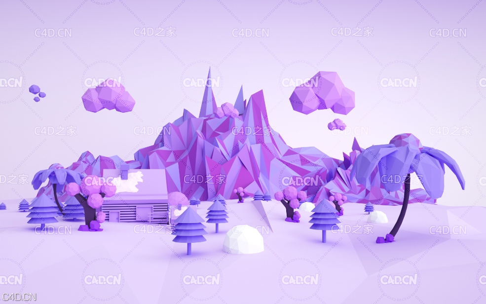 C4D OCTANE低多边形卡通大山房屋树木风光场景 - C4D之家 - 014.jpg