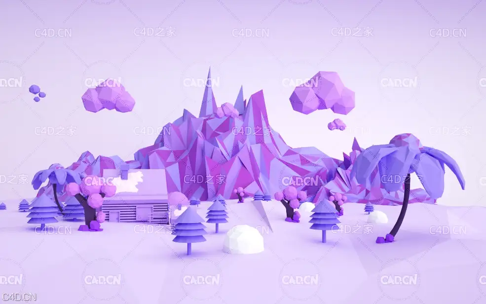 C4D OCTANE低多边形卡通大山房屋树木风光场景