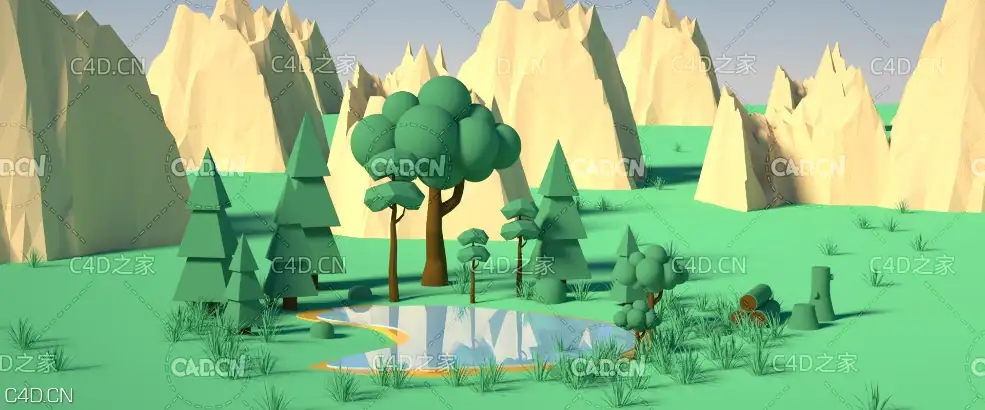C4D OC山水景观低多边场景模型