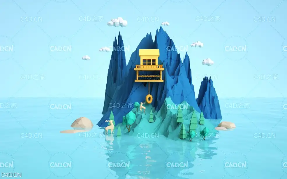 C4D OC低面多边形海上小岛场景模型