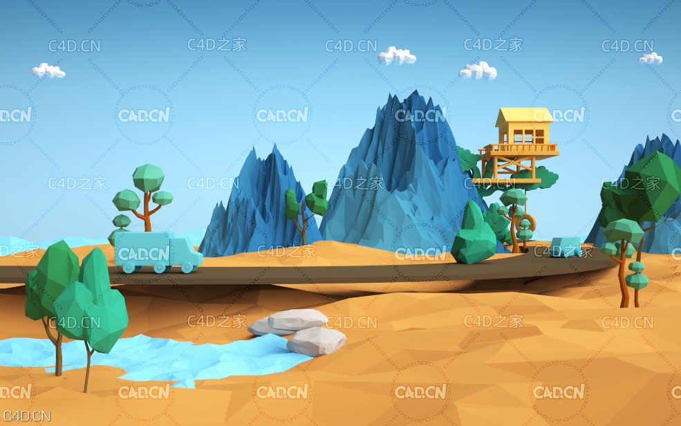 C4D OCTANE低面多边形山峰风景场景工程