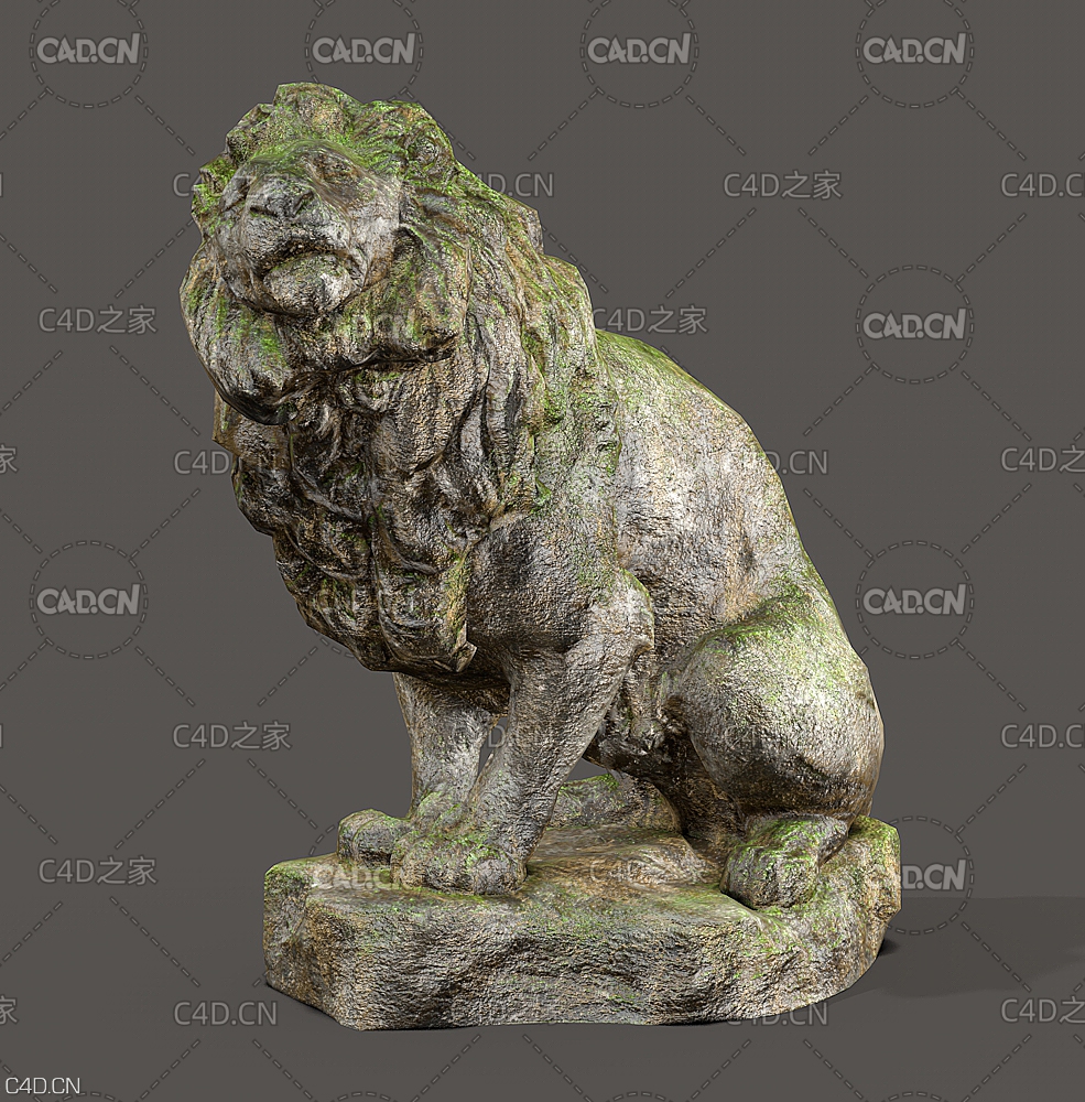 长满绿苔的石狮雕塑C4D模型 Lion