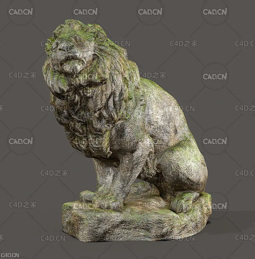 长满绿苔的石狮雕塑C4D模型 Lion