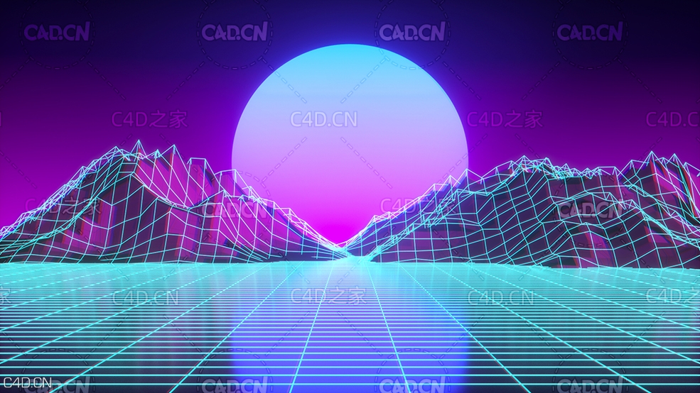 C4D OC日出低面多边形网格线场景工程