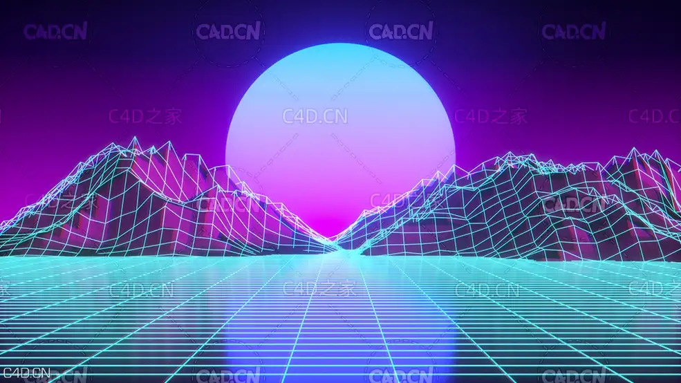 C4D OC日出低面多边形网格线场景工程