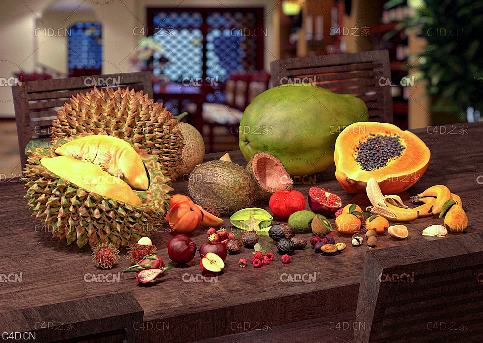 高精度水果C4D模型 木瓜 香蕉 桔子榴莲 石榴 苹果 火龙果 猕猴桃 桃子 哈蜜瓜 草莓