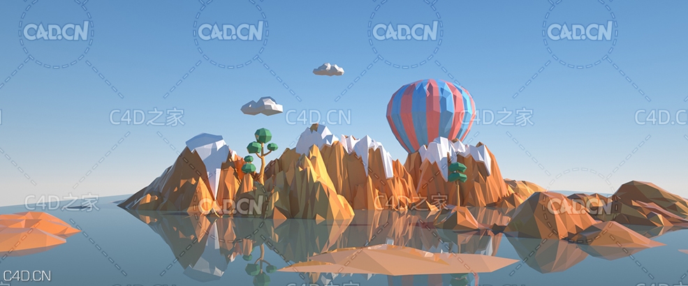 C4D OCTANE低面多边形海上孤岛场景模型