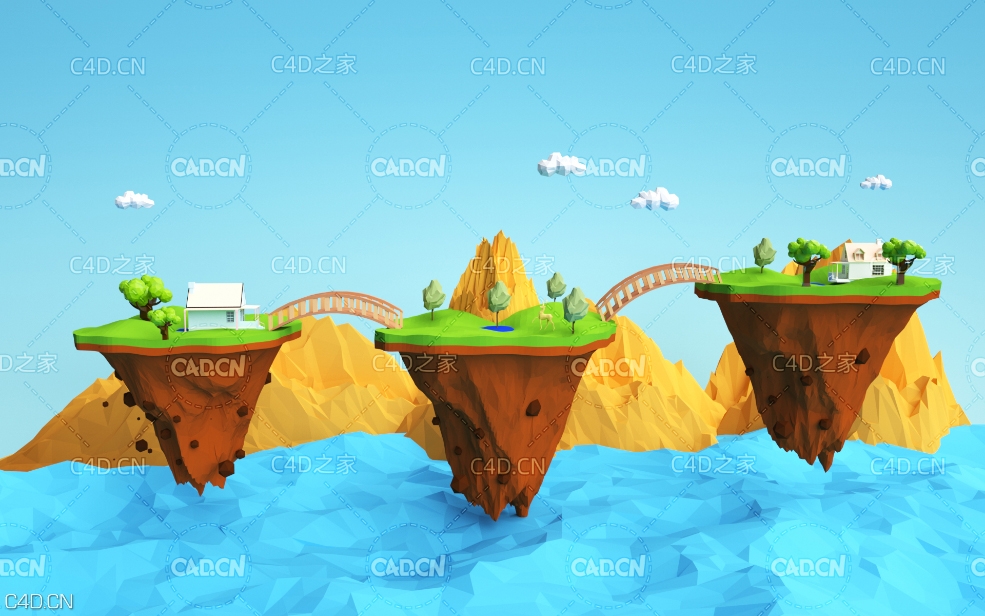 C4D OCTANE低面多边形海上浮岛卡通场景