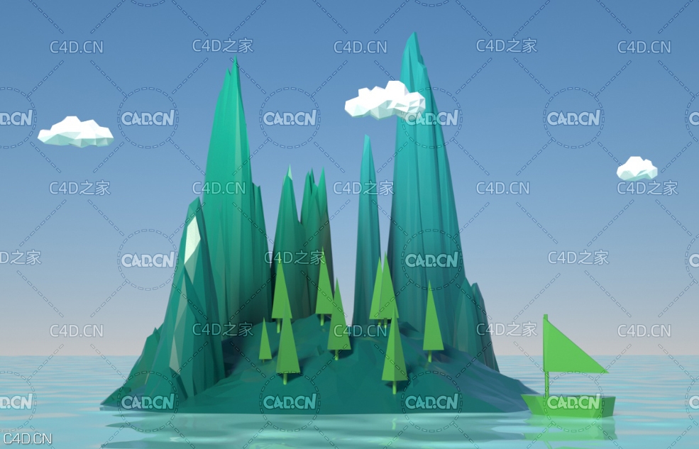 C4D OCTANE低面多边形岛屿模型