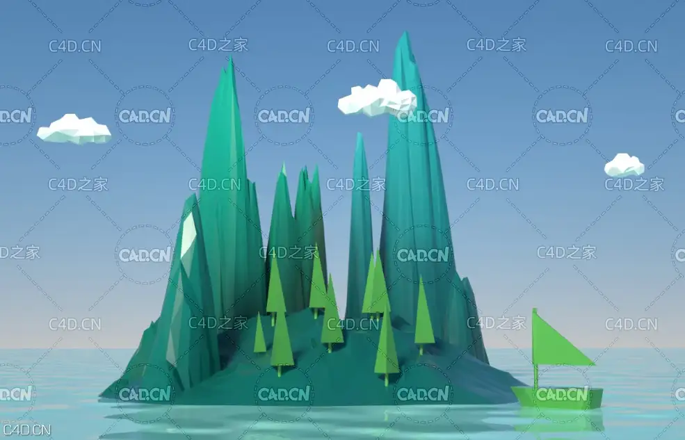 C4D OCTANE低面多边形岛屿模型