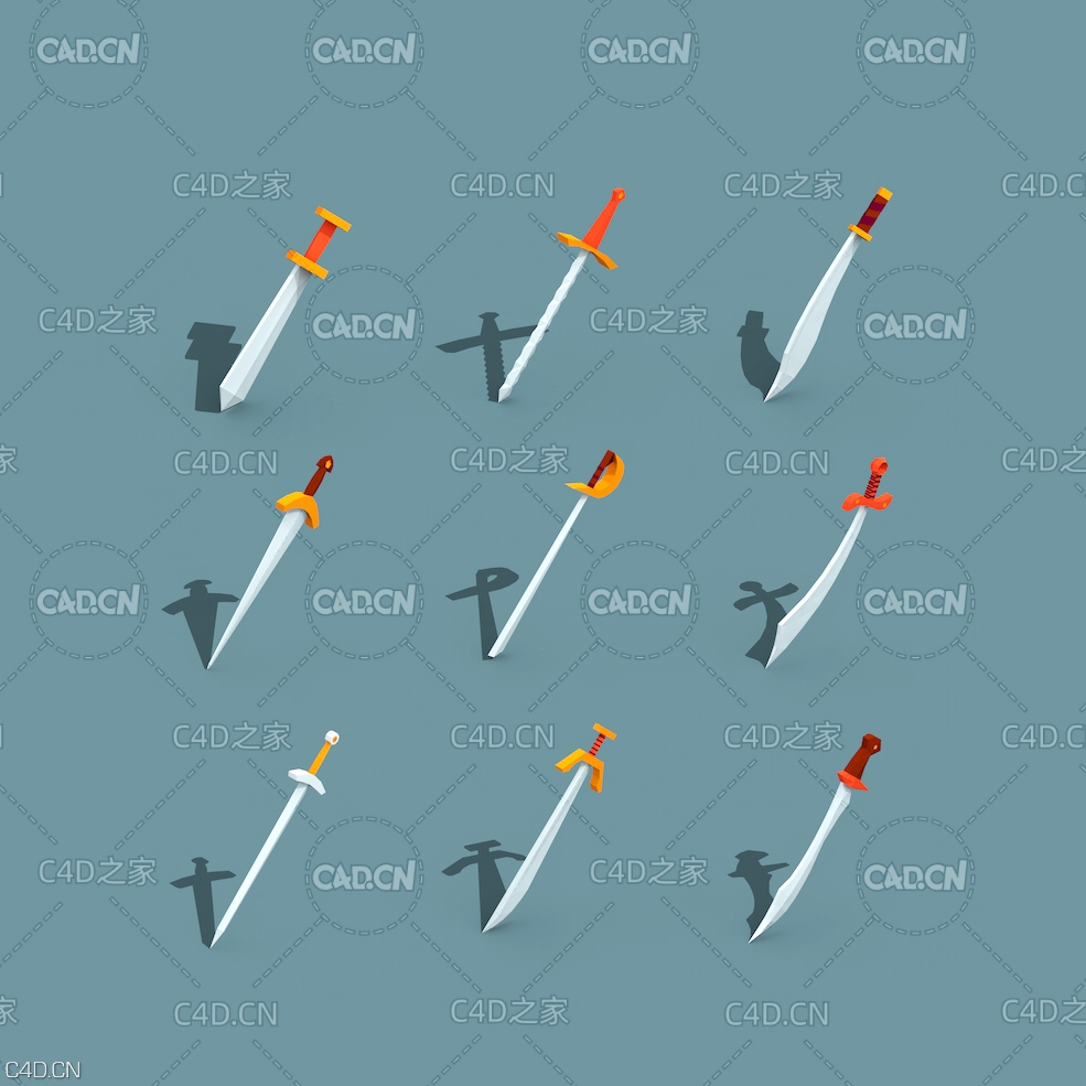 9个低面卡通游戏刀剑武器模型 Low Poly Sword Isometric Icon low-poly 3d model - C4D之家 - Sword.jpg