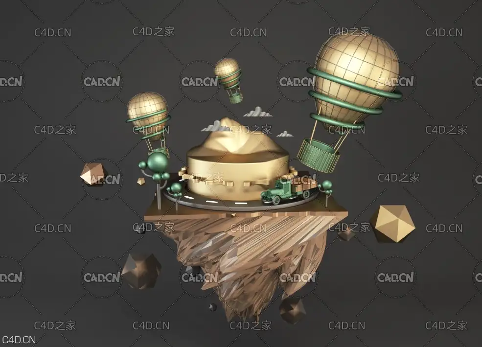 C4D OCTANE悬浮低面山峰金属场景工程