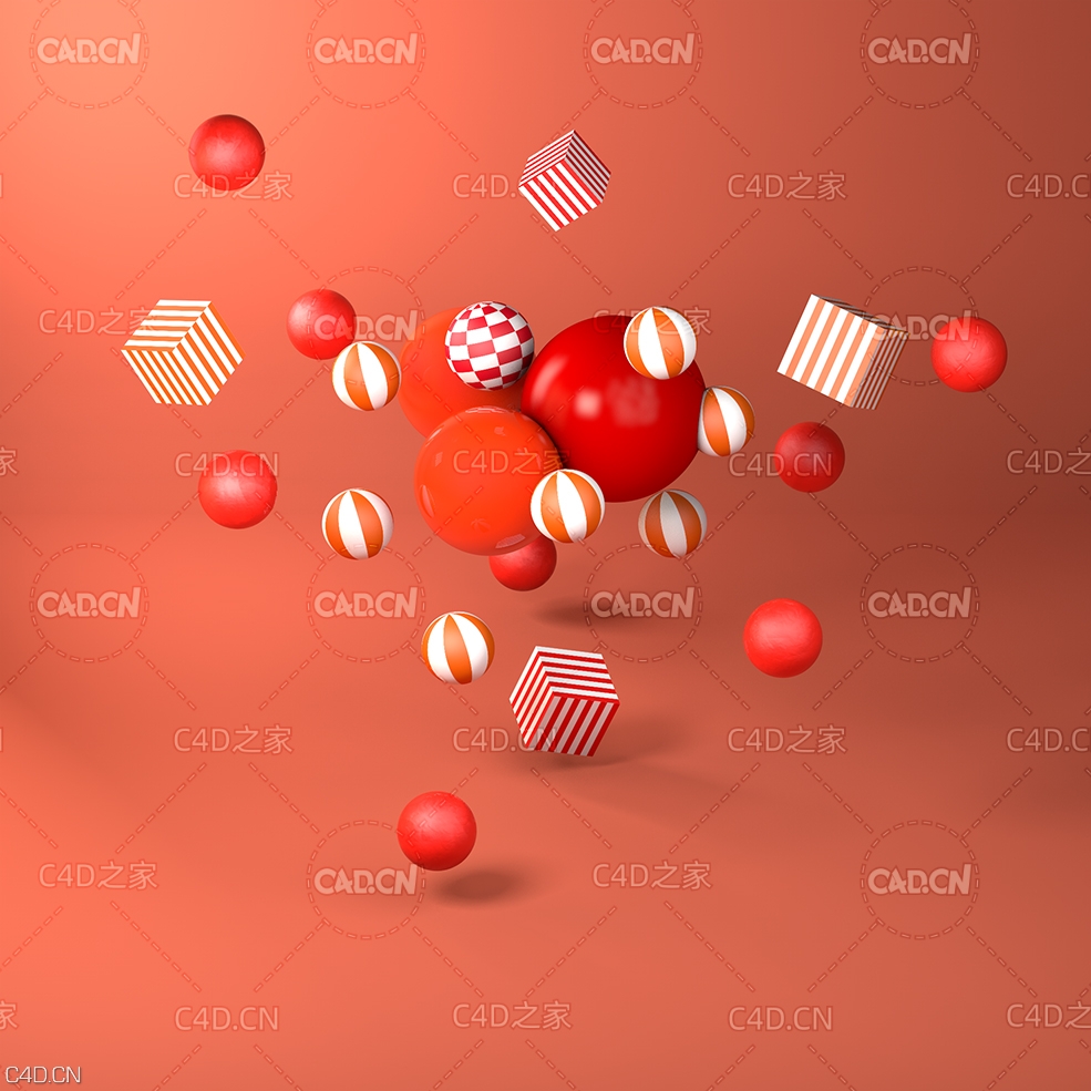 C4D红色球体方块汇聚模型