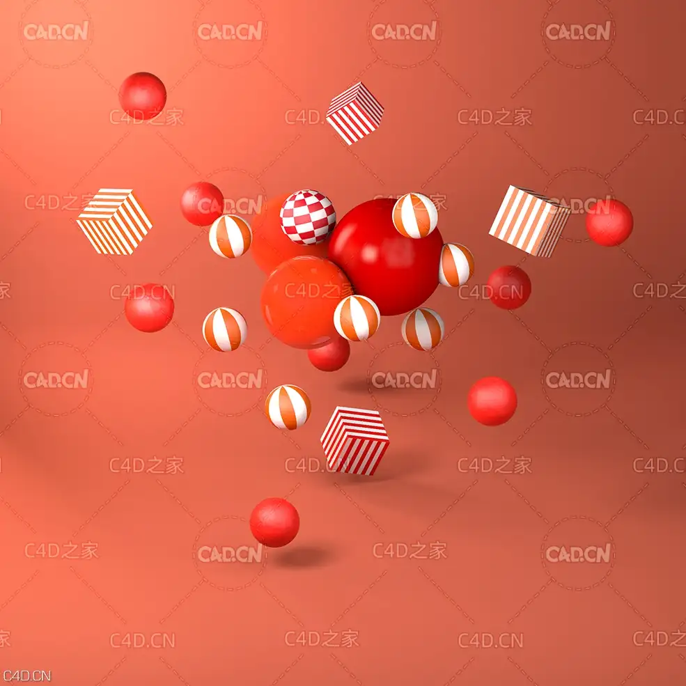 C4D红色球体方块汇聚模型