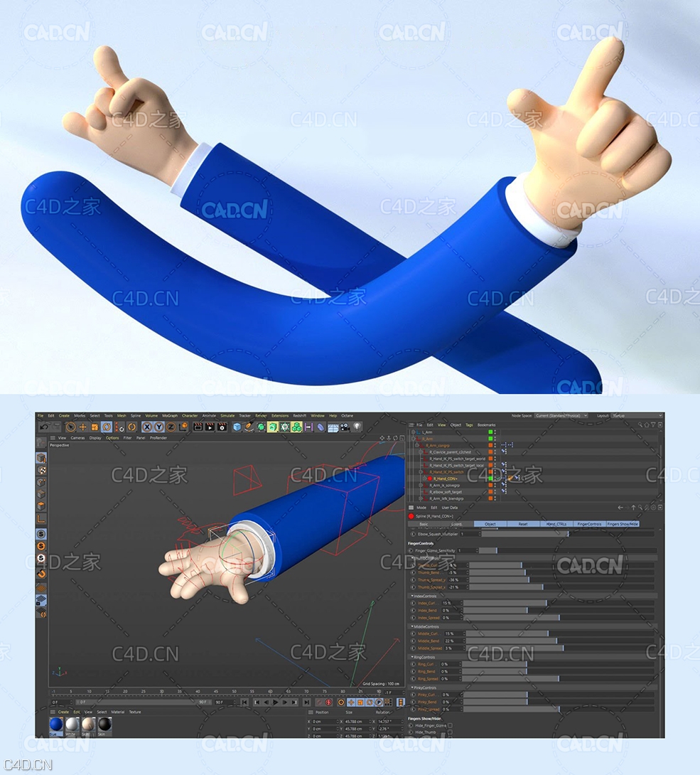 C4D卡通胳膊 卡通手 XPresso绑定模型 CINEMA 4D 3D TOON ARM RIG