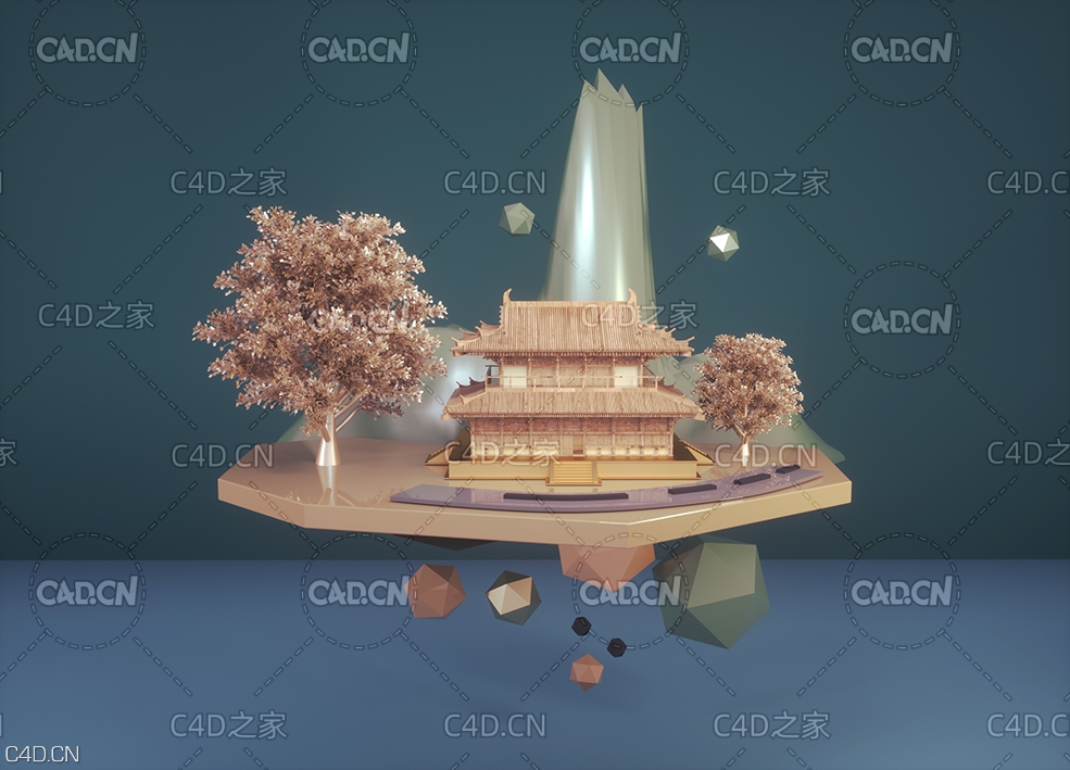 C4D OCTANE中式古建房子创意场景工程