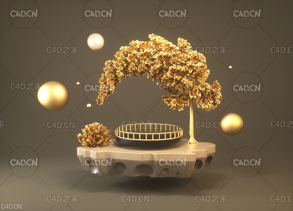 C4D OCTANE金色树创意场景工程