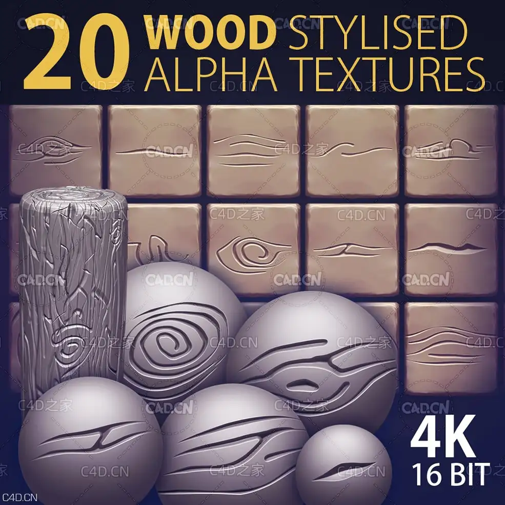 20个木纹刻痕法线贴图 20 Wood STYLISED Alpha Textures - 4k, 16bit - C4D之家 - avaat.jpg