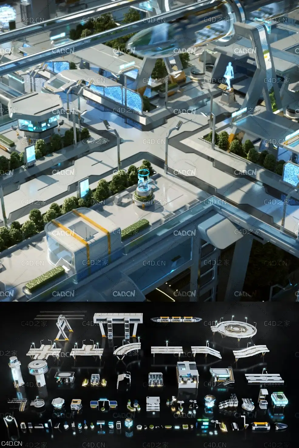 科幻未来城市建筑街道C4D模型 Kitbash3D – Props High Tech Streets - C4D之家 - 1.jpg