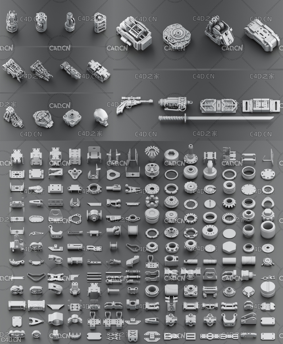 300多个硬面科幻机械零件3D模型 Artstation – Hard Surface KitBash Vol.3