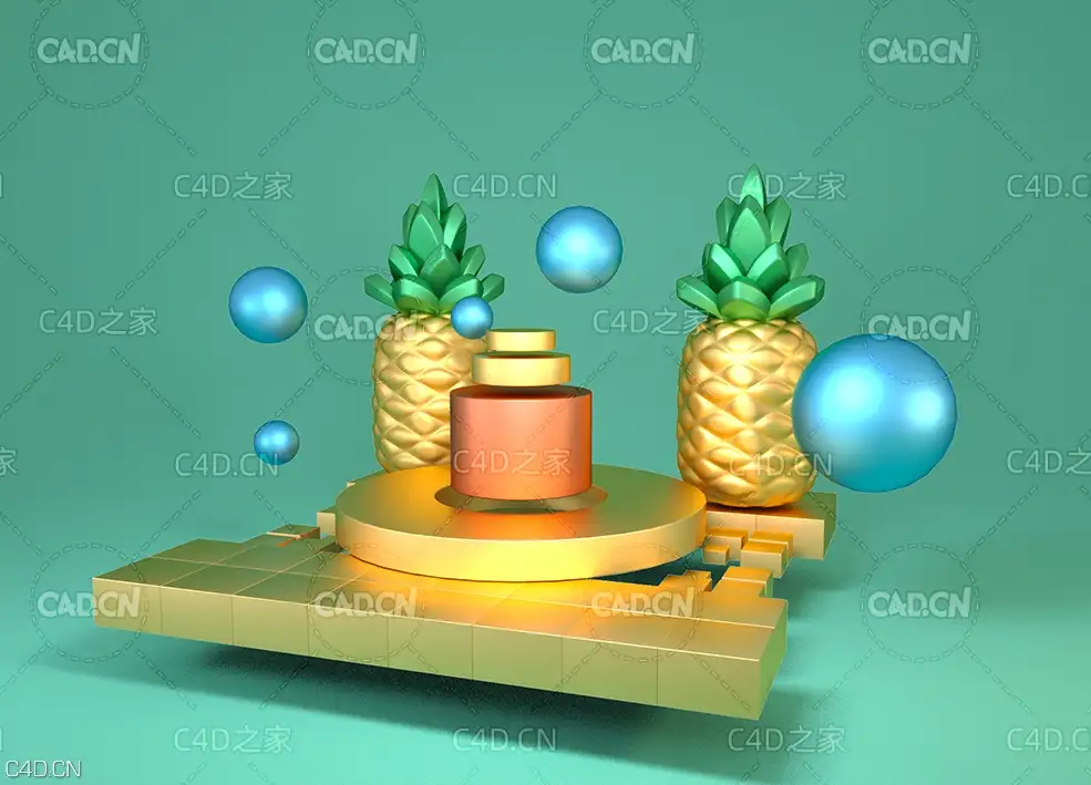 C4D OCTANE金色菠萝卡通场景工程文件