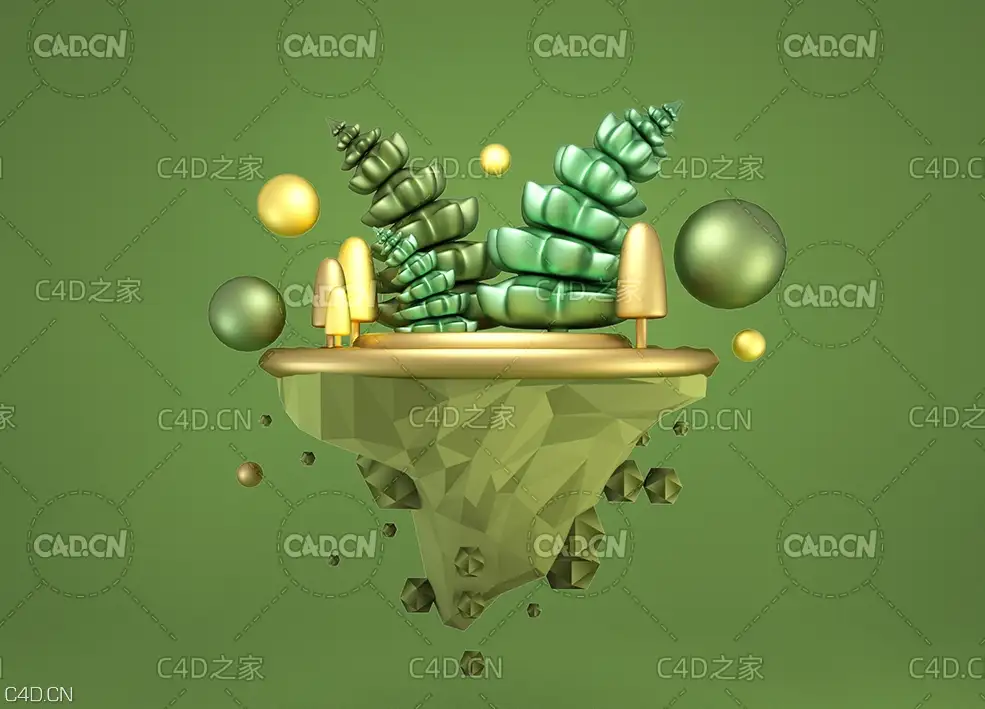 C4D OCTANE卡通悬浮山峰树木场景工程