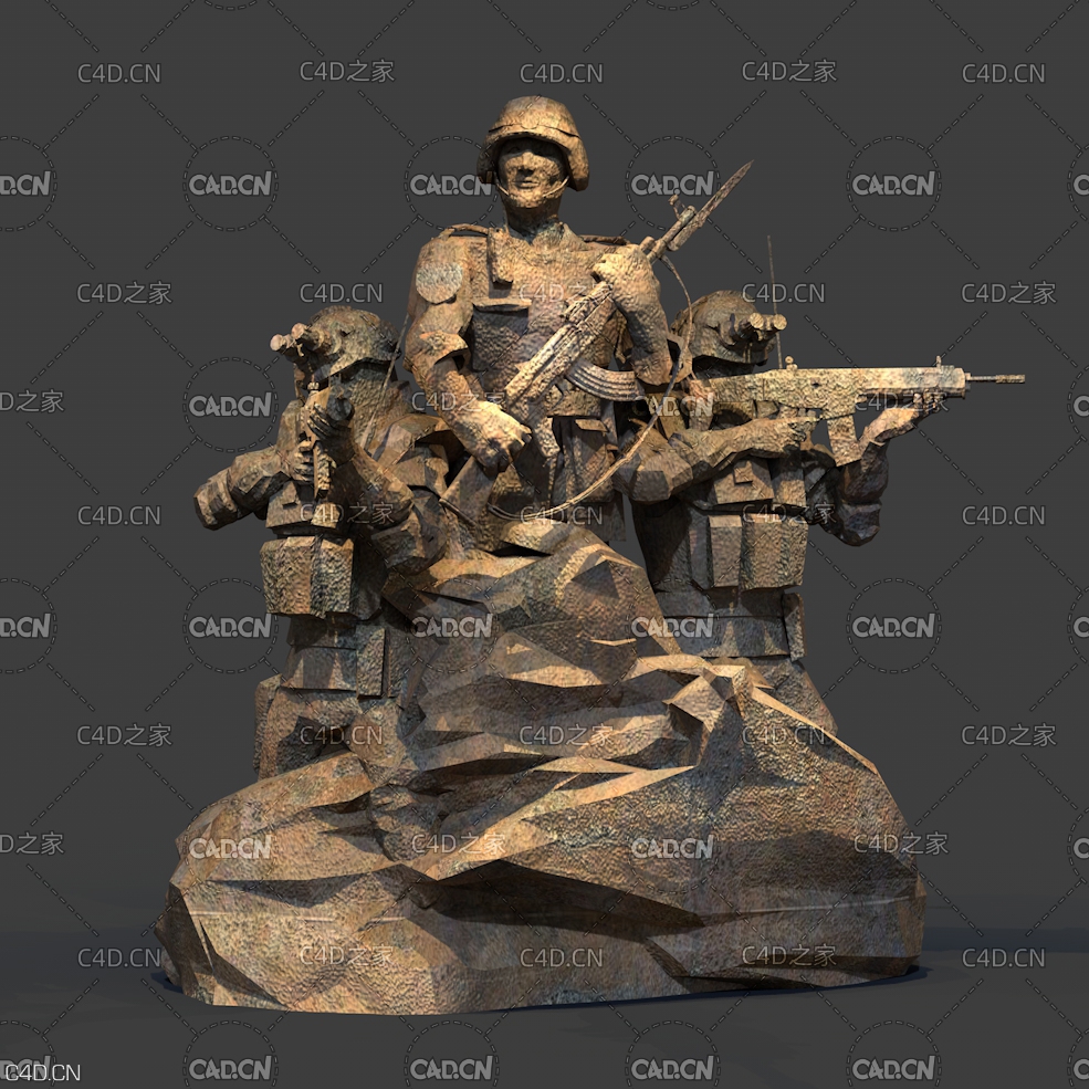 手拿枪的中国人民解放军战士塑像C4D模型 现代军人雕塑 解放军防铜雕塑模型