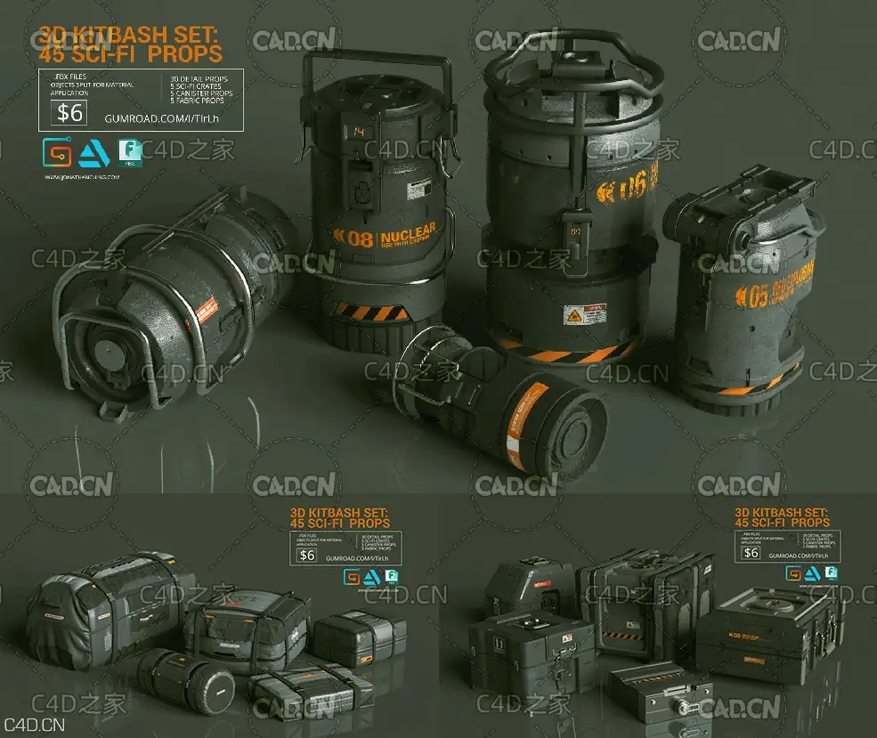 45个科幻能量罐装置武器箱包电线物品C4D模型 3D Kitbash Set Vol 1 - 45 Sci-Fi Props