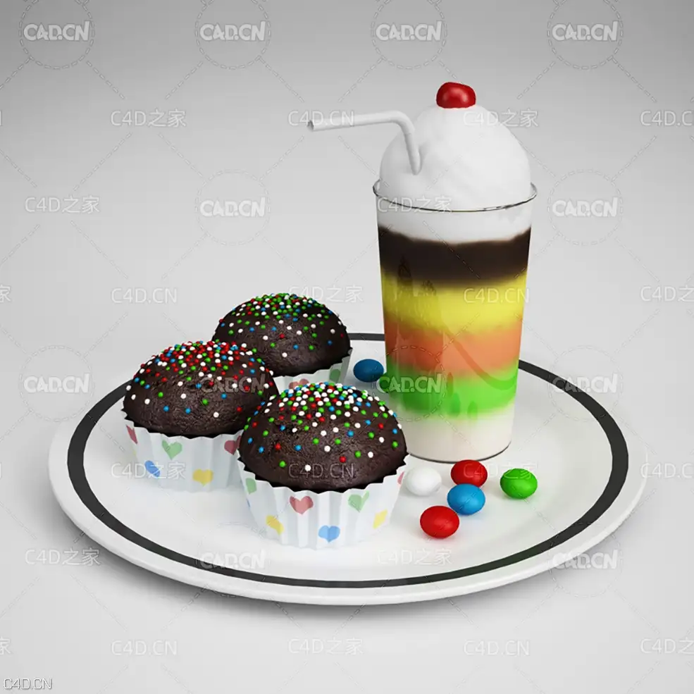 生日派对冰激凌蛋糕甜点食品C4D模型 party food shake