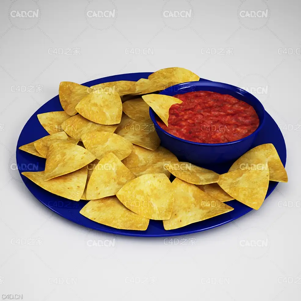 盘子里的薯片与番茄酱C4D模型 Potato chips