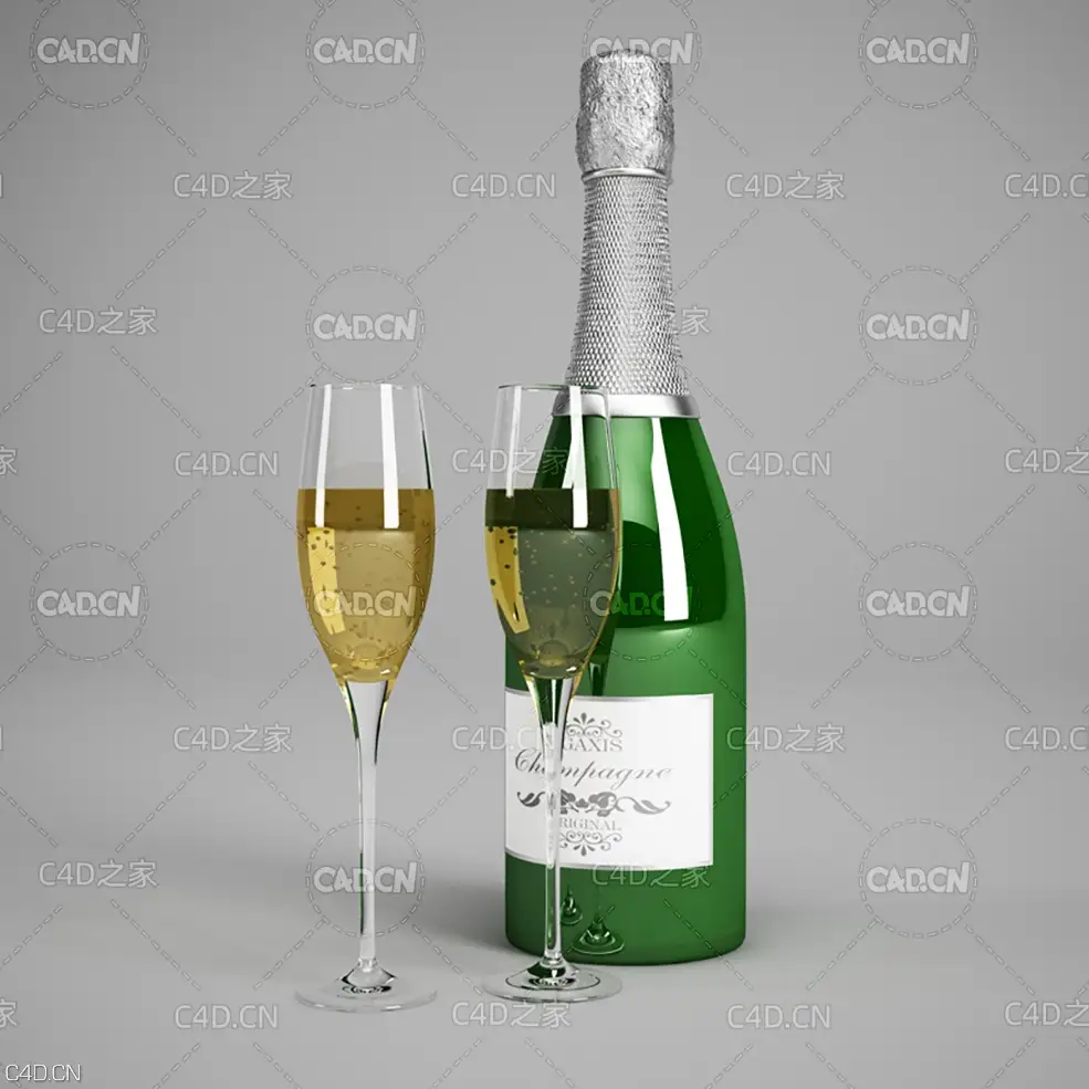 白葡萄酒酒瓶酒杯酒水饮料香槟酒C4D模型 Champagne