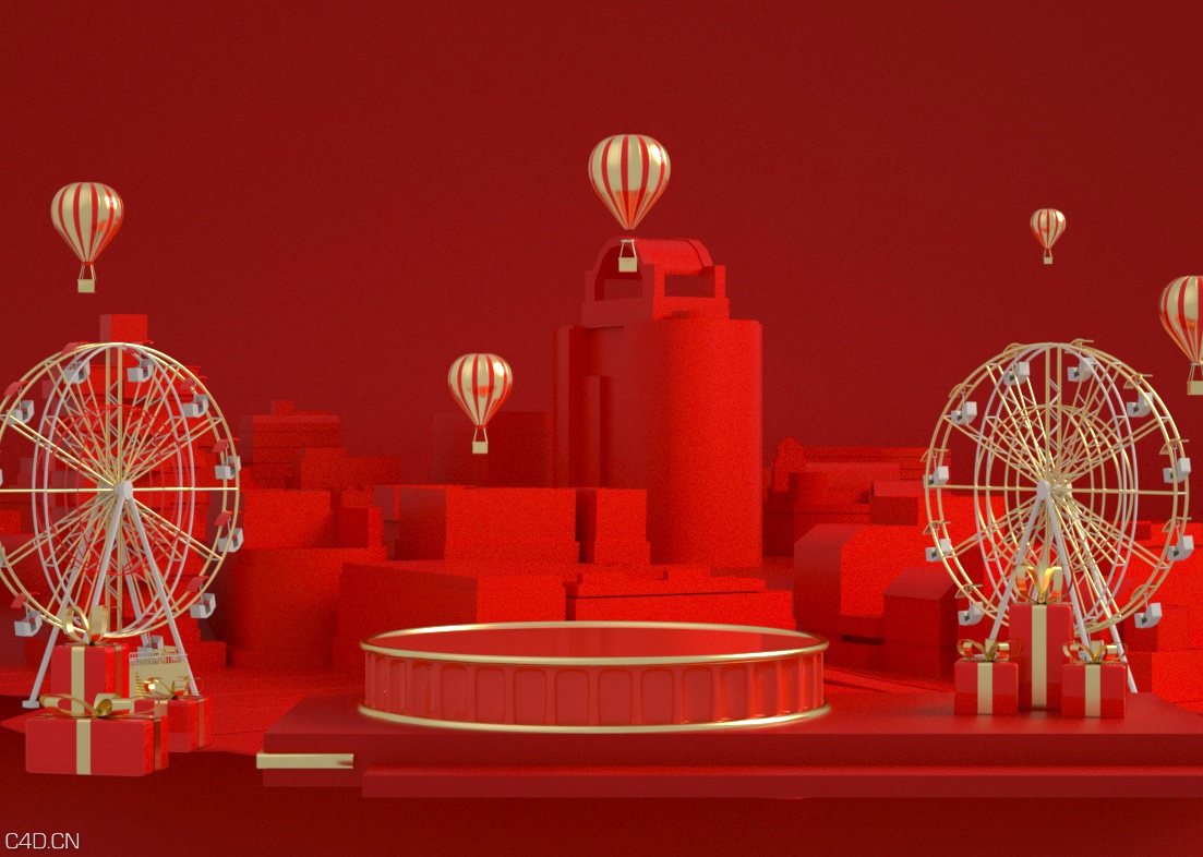 活动、红色、双十一、淘宝、天猫、摩天轮、 - C4D之家 - 红色活动场景