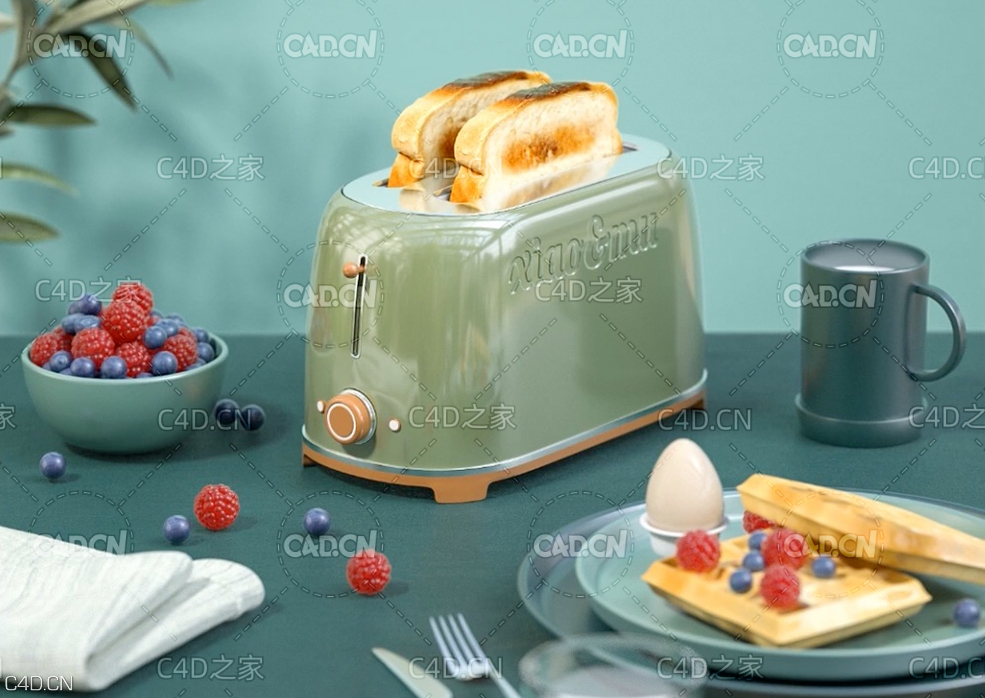 C4D OCTANE餐桌上的面包机蓝莓树莓写实模型