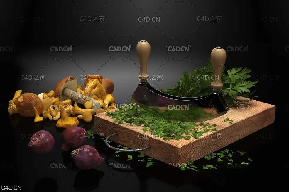 蔬菜食品芹菜干蘑菇洋葱头C4D模型 Vegetable food