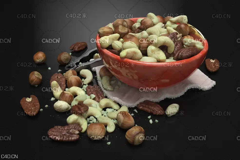 一碗干果零食C4D模型 Food 核桃仁榛子开心果腰果碗毛巾胡桃夹子