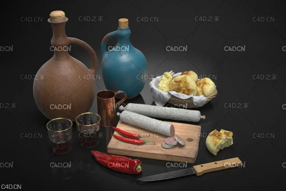 高精度食物C4D模型 酒辣椒香肠火腿烤面包