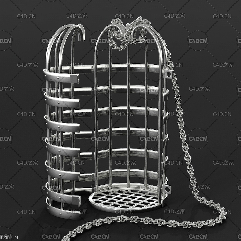 打开的鸟笼C4D模型 cage 铁笼 牢笼 金属笼子 铁链 宠物笼