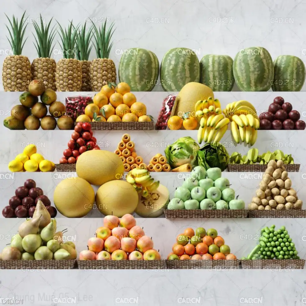 水果摊模型 Fruits 菠萝,苹果,梨,黄瓜,香蕉,土豆,胡萝卜,柠檬,桔子,杨桃,哈密瓜,西瓜