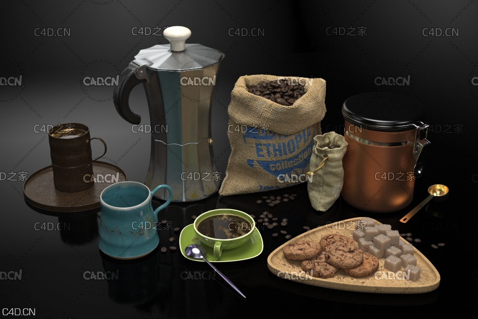 咖啡器具C4D模型 coffe 3d model 咖啡壶杯子咖啡机咖啡豆袋子小布袋麻袋 - C4D之家 - AM217_010.jpg