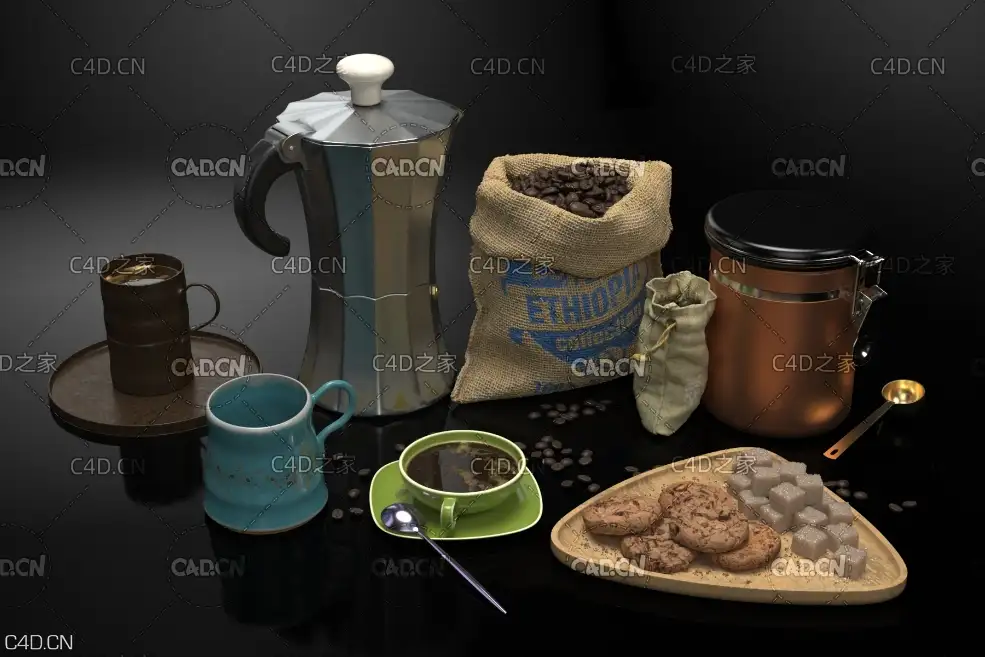 咖啡器具C4D模型 coffe 3d model 咖啡壶杯子咖啡机咖啡豆袋子小布袋麻袋 - C4D之家 - AM217_010.jpg