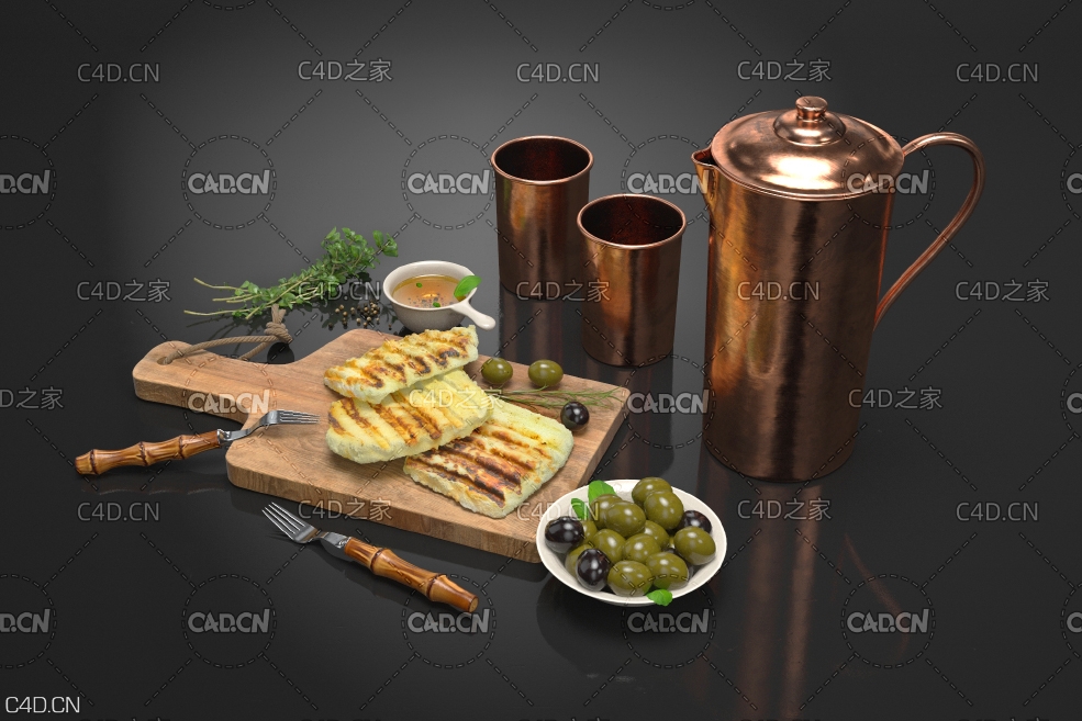 茶壶茶杯烤奶酪食品模型 cheese 3d model切菜板碗叉子烤奶酪罐子橄榄草药牛至红铜水壶