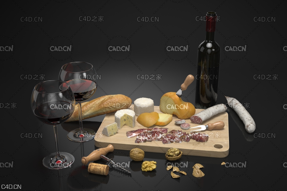 红酒火腿核桃C4D模型red wine 3d model酒杯红酒瓶高脚杯奶酪香肠葡萄酒瓶长棍面包核桃