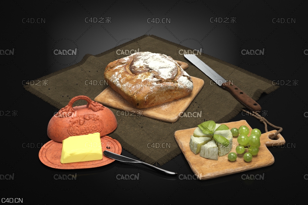 绿葡萄黄油面包食品模型 food 3d model 面包黄油盘子黄油罗勒葡萄奶酪烤面包餐布餐巾 - C4D之家 - AM217_015.jpg
