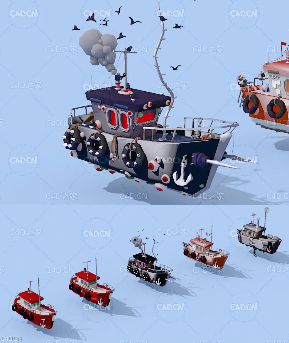 5艘卡通小船渔船C4D模型 ship 3d model