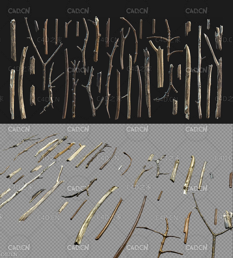 木棍树枝枯树枝木桩C4D Octane模型 plant stalk