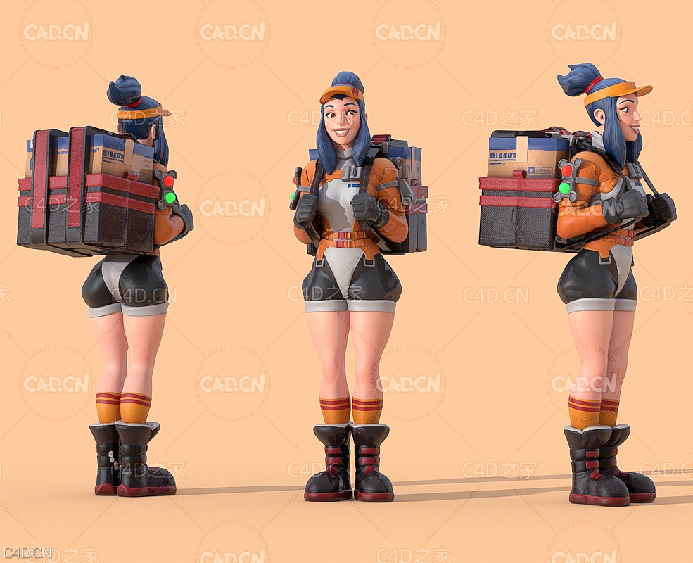 送快递的卡通女孩C4D模型 shipped